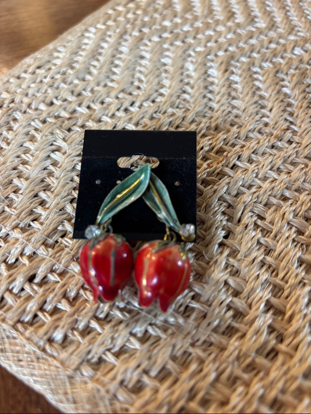 60’s Red tulips vintage Drop Earrings with Green Leaf Accents - Women Jewelry